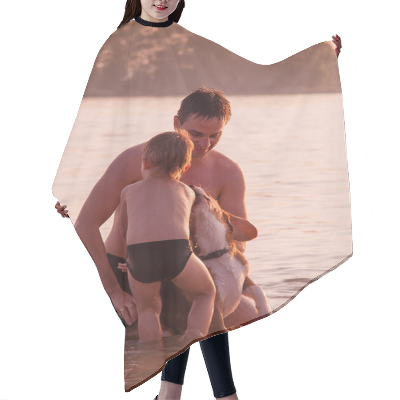 Personality  Father And Son Full Around With Beagle Dog In The River Water Hair Cutting Cape