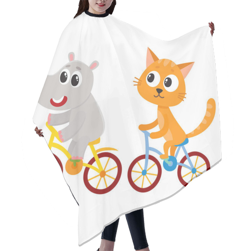 Personality  Cute Little Hippo And Cat, Kitten Characters Riding Bicycles Together Hair Cutting Cape