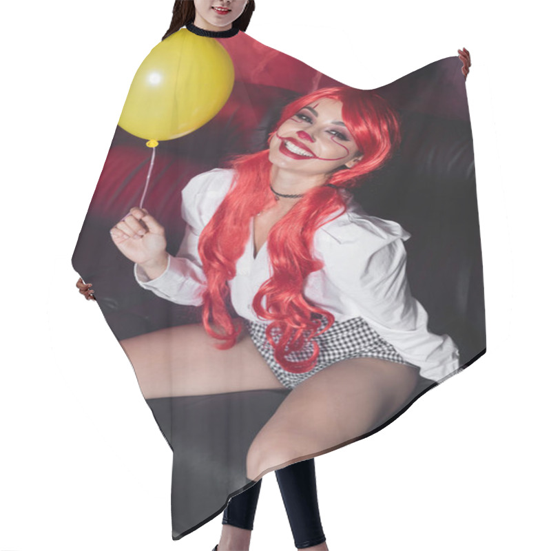 Personality  High Angle View Of Excited Redhead Woman With Yellow Balloon And Halloween Makeup On Dark Background Hair Cutting Cape