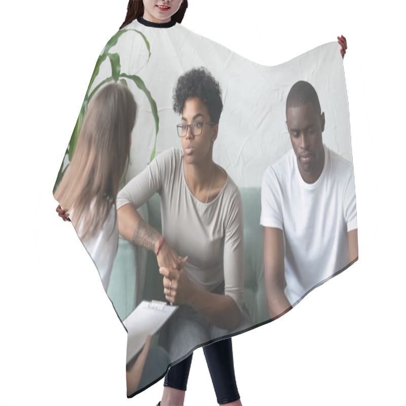 Personality  African American Couple Consulting With Relationships Expert Saving Marriage Hair Cutting Cape