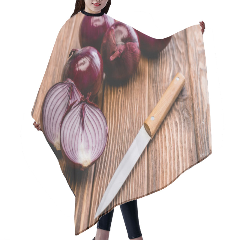 Personality  Cut And Whole Red Onion Near Knife On Wooden Table Hair Cutting Cape