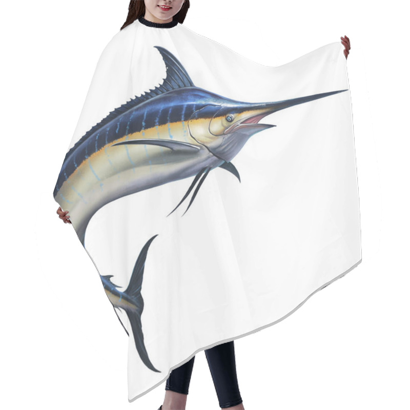 Personality  Big Black Marlin Jumps Out Of The Sea. Black Swordfish Extreme Fishing On The High Seas. Holidays In The Tropics And Hobbies. Hair Cutting Cape