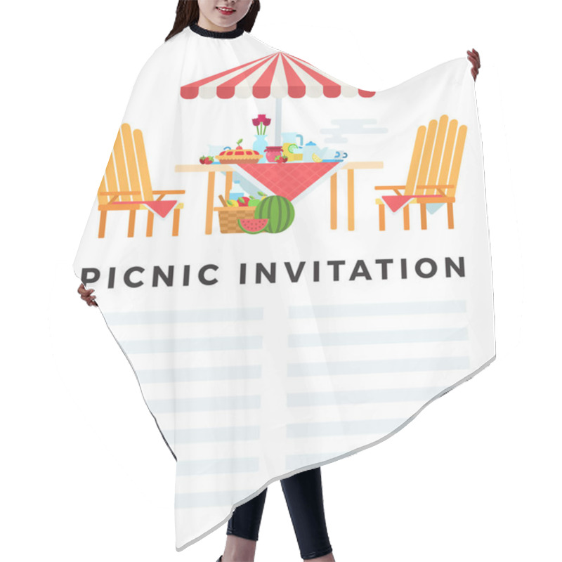 Personality  Picnic Invitation. Vector Flat Illustration With Space For Text. Concept Summer Picnic. Hair Cutting Cape