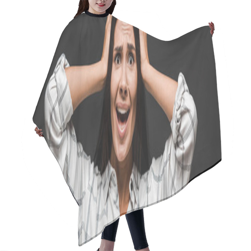 Personality  Panoramic Shot Of Scared Woman Holding Head Isolated On Black  Hair Cutting Cape