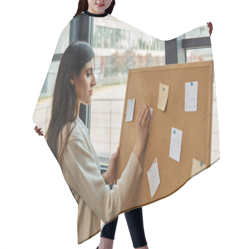 Personality  A Dynamic Female Entrepreneur Stands Confidently In Front Of A Board Filled With Strategic Plans And Ideas In A Modern Office Space. Hair Cutting Cape