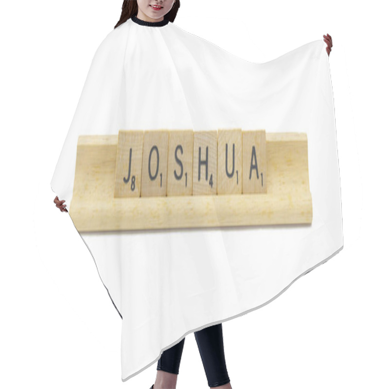 Personality  Miami, FL 4-18-24 Popular Baby Boy First Name Of JOSHUA Made With Square Wooden Tile English Alphabet Letters With Natural Color And Grain On A Wood Rack Holder Isolated On White Background Hair Cutting Cape