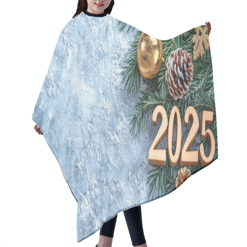 Personality  Festive Arrangement With Pine Branches, Cones, And A Golden Ornament For New Year 2025. Hair Cutting Cape