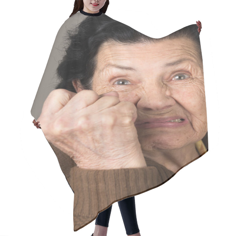 Personality  Portrait Of Angry Old Woman Grandmother Hair Cutting Cape