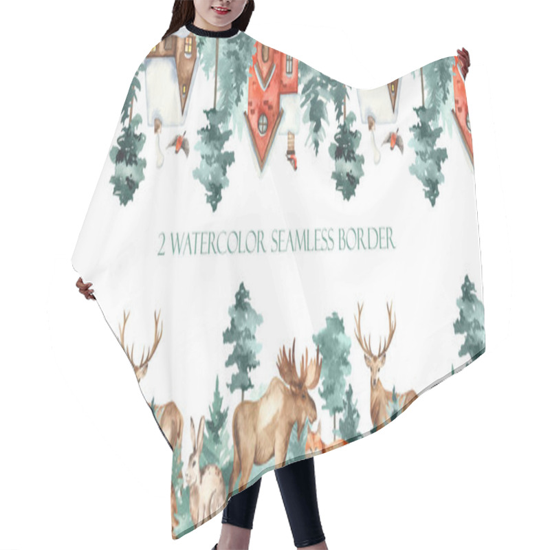 Personality  Watercolor Seamless Borders With Forest Animals, Winter Houses, Pine Forest With Fir Trees, Pines Hair Cutting Cape