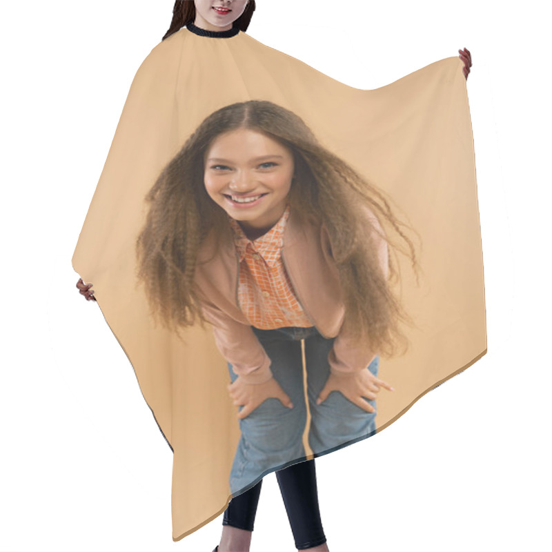 Personality  Positive Teenage Girl In Autumnal And Casual Clothes Posing Isolated On Beige Hair Cutting Cape