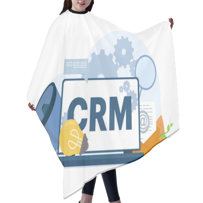 Personality  Concept Of CRM, Customer Relationship Management, Organization Of Data About Work With Clients, Corporate Strategy Planning, Business Data Analysis, Flat Vector Illustration On A White Background. Hair Cutting Cape