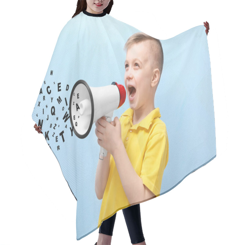 Personality  Little Boy With Megaphone And Letters  Hair Cutting Cape