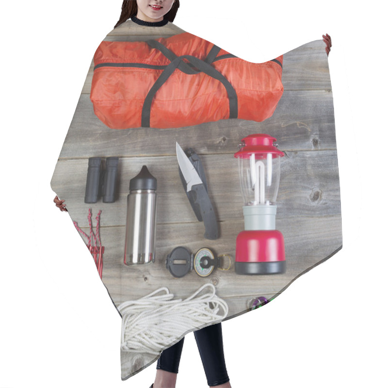 Personality  Camping Gear On Rustic Wooden Boards  Hair Cutting Cape