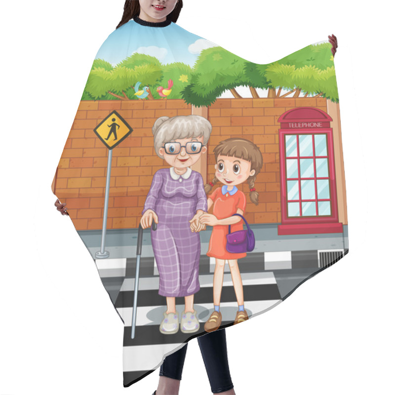 Personality  Girl And Old Lady Crossing The Road Hair Cutting Cape