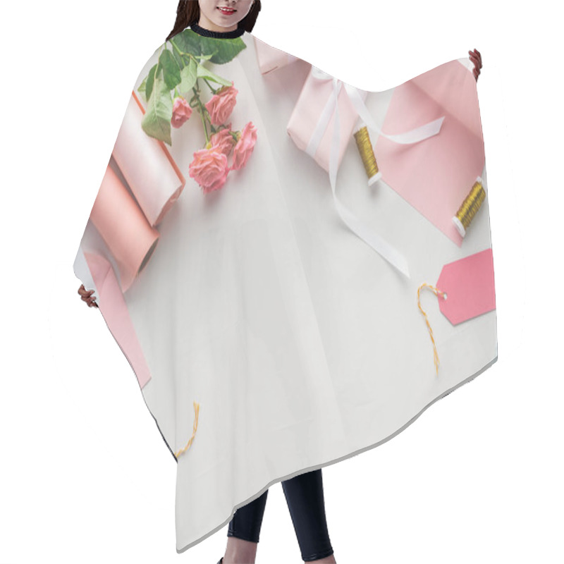 Personality  Top View Of Pink Roses, Rolls Of Paper, Wrapped Gifts, Envelope And Greeting Card On Grey Background  Hair Cutting Cape