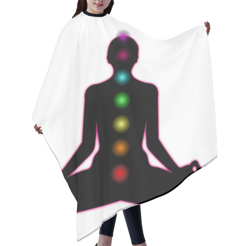 Personality  A Flat Illustration Of A Person In A Lotus Position Silhouette With Seven Chakras Indicated In Seven Different Colours And A Pink Aura Around The Silhouette, Isolated On A White Background Hair Cutting Cape