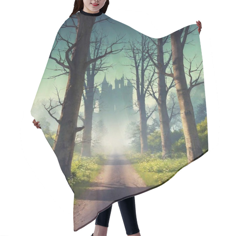 Personality  A High-resolution Digital Artwork Of A Mystical Forest Pathway Leading To An Ancient, Fog-shrouded Castle. The Path, Composed Of Earthy Dirt And Strewn With Faint Traces Of Footprints, Winds Through Lush Greenery And Wildflowers. The Gnarled Hair Cutting Cape