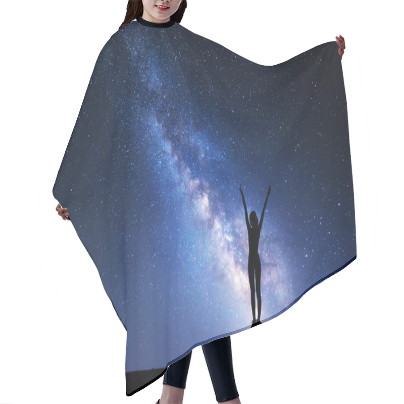 Personality  Milky Way. Night Sky And Silhouette Of A Standing Girl Hair Cutting Cape