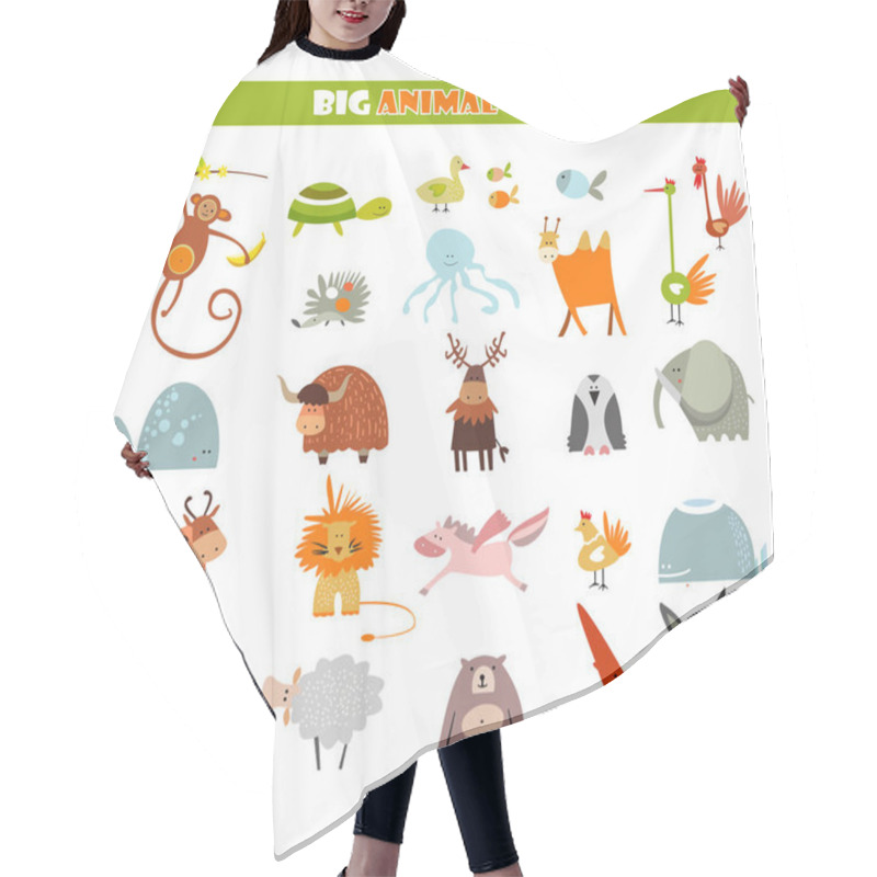 Personality  Big Vector Set Of Cartoon Animals. Mammals, Birds, Fishes Hair Cutting Cape