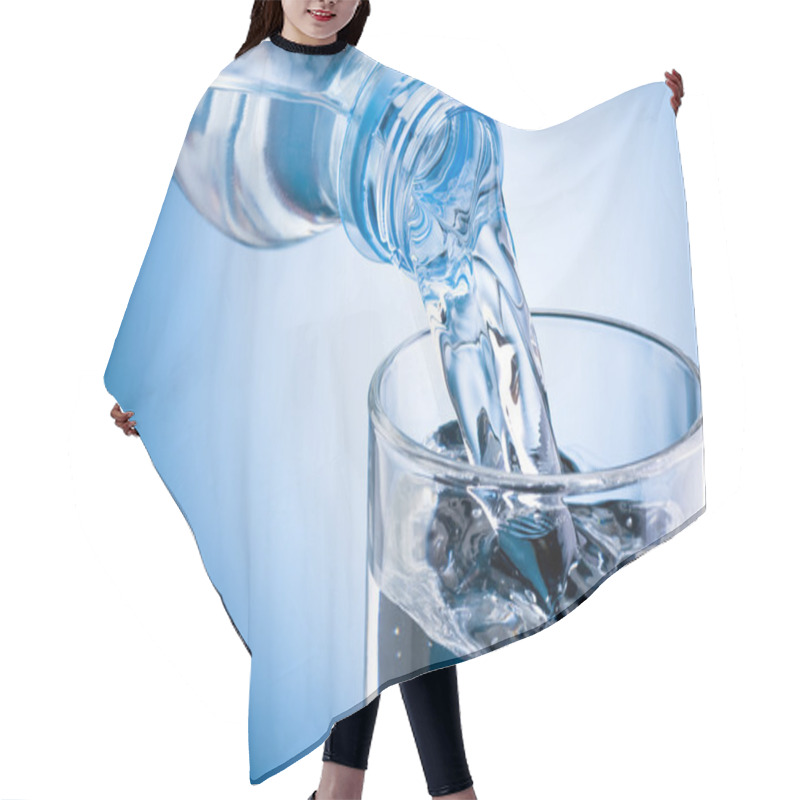 Personality  Pouring Water From Bottle Into Glass On Blue Background Hair Cutting Cape