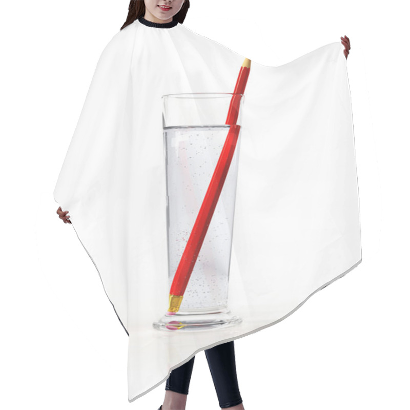 Personality  Tall Glass Of Water, With A Red Pensil Inside. Hair Cutting Cape