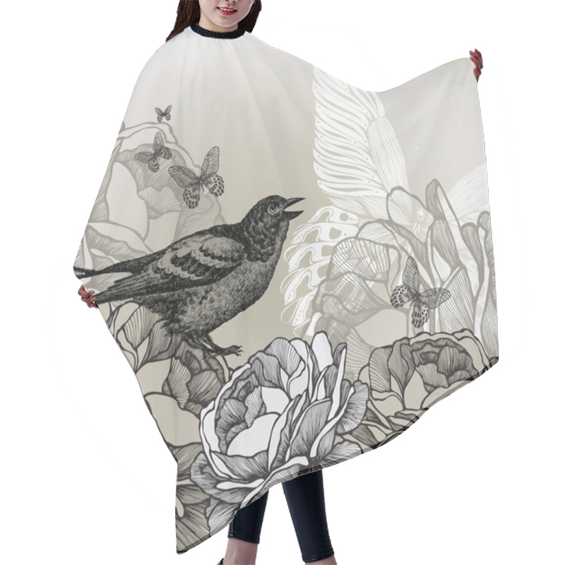 Personality  Floral Background With Roses And Bird Sitting, Hand-drawing. Vec Hair Cutting Cape