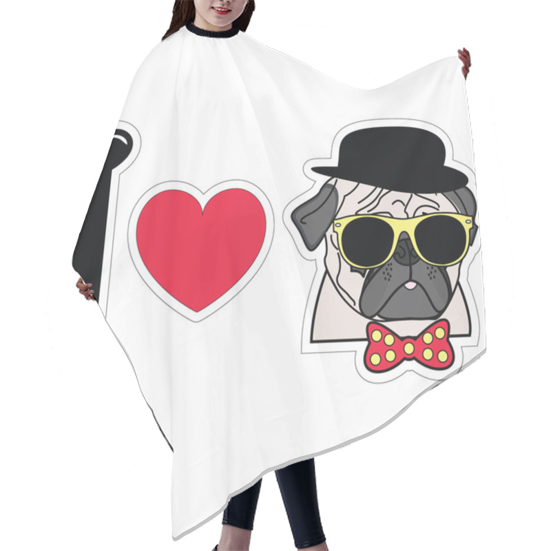 Personality  I Love Pugs Hipster  With Tie Bow With Dots Sun Glasses And Hat Hair Cutting Cape