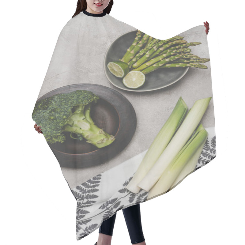 Personality  Top View Of Fresh Healthy Green Vegetables On Plates And Napkin On Grey Hair Cutting Cape