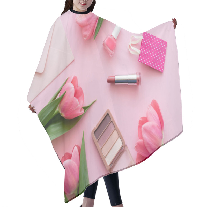 Personality  Top View Of Blooming Tulips Near Decorative Cosmetics And Envelope On Pink Hair Cutting Cape