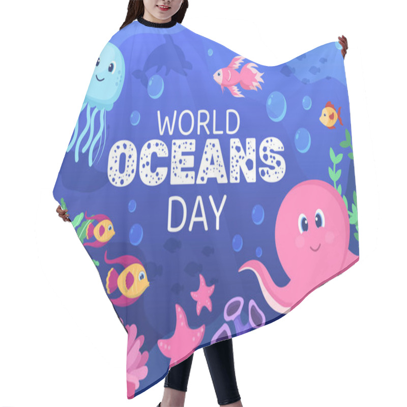 Personality  World Ocean Day Cartoon Illustration With Underwater Scenery, Various Fish Animals, Corals And Marine Plants Dedicated To Helping Protect Or Preserve Hair Cutting Cape