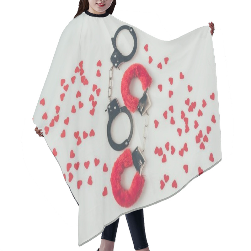 Personality  Top View Of Black And Red Handcuffs With Scattered Paper Hearts Isolated On White, Valentines Day Concept Hair Cutting Cape