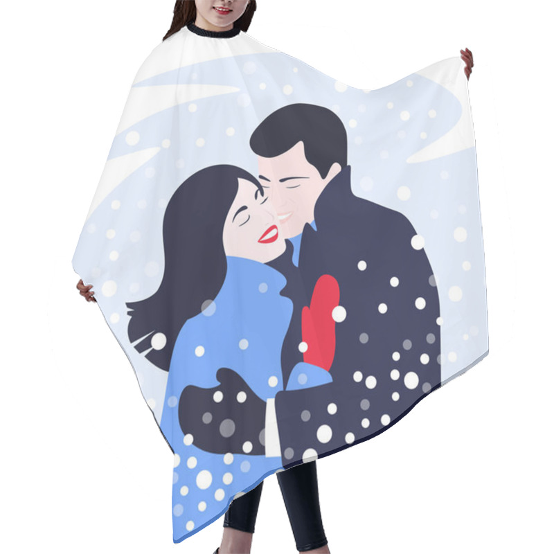 Personality  A Man And A Woman Are Hugging. Winter Date Under The Snow. Love. Valentine's Day. Vector Illustration Hair Cutting Cape