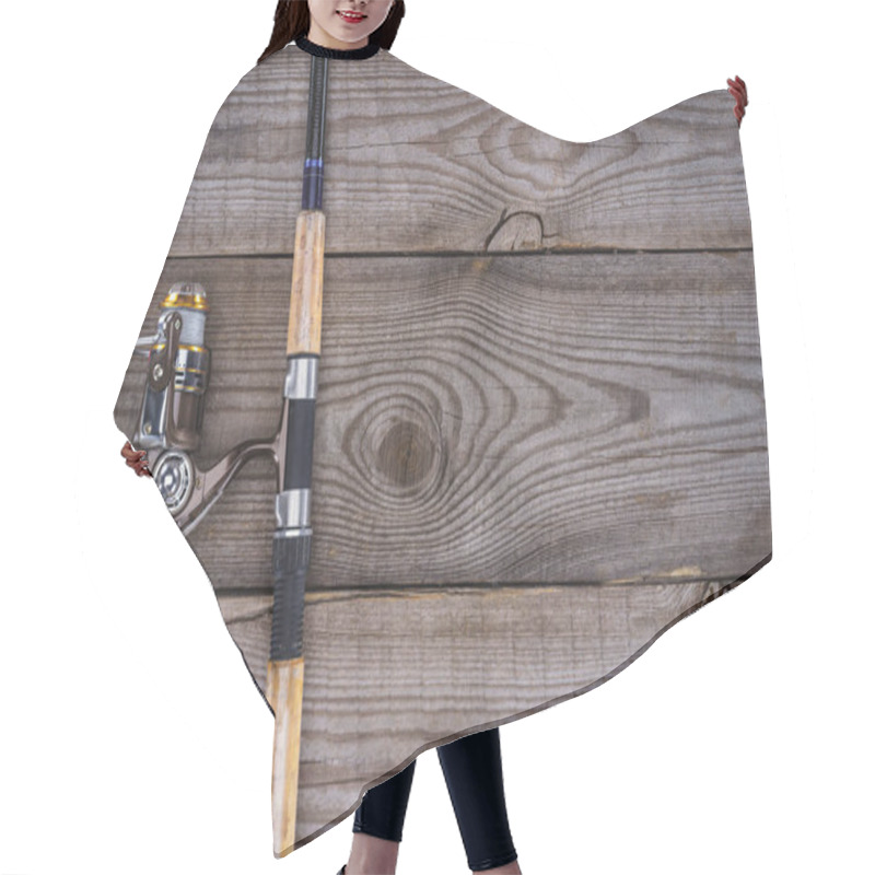 Personality  View From Above Of Fishing Rod On Wooden Planks, Minimalistic Concept  Hair Cutting Cape