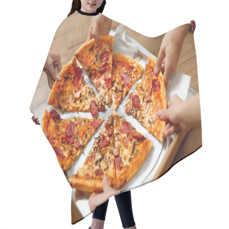 Personality  Eating Food. People Taking Pizza Slices. Friends Leisure, Fast F Hair Cutting Cape