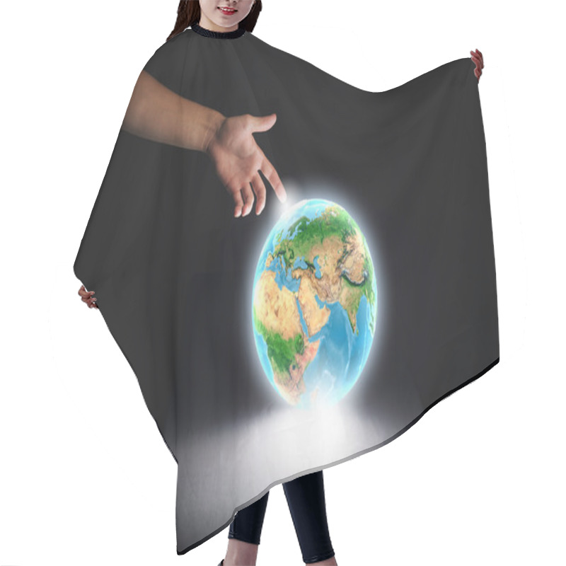 Personality  Human Hand Touching Earth Planet With Finger Hair Cutting Cape