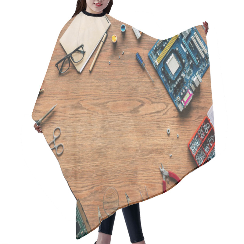 Personality  Top View Of Repairing Tools And Microschemes On Wooden Table Hair Cutting Cape