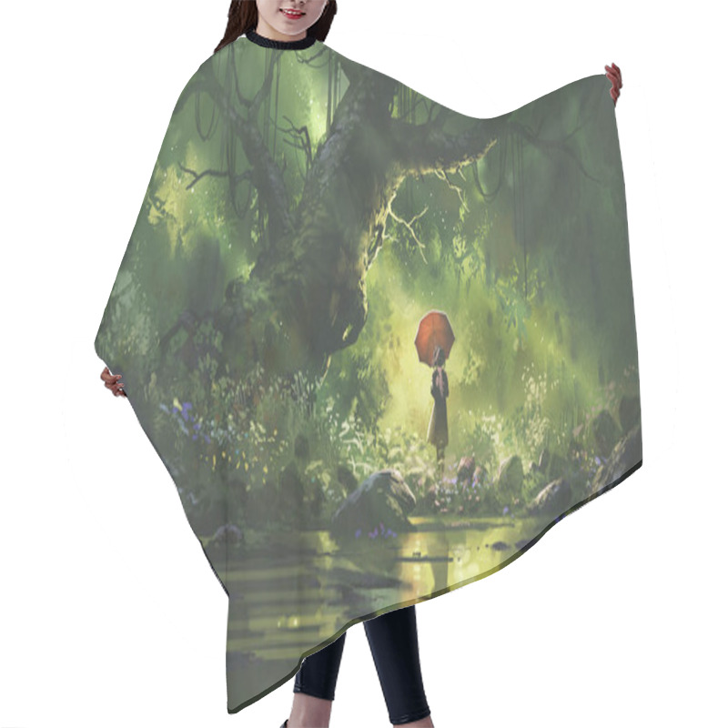 Personality  Mysterious Woman With Umbrella Standing In Forest, Digital Art Style, Illustration Painting Hair Cutting Cape