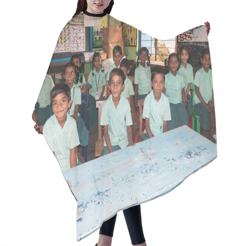 Personality  PUDUCHERRY, INDIA - DECEMBER Circa, 2018. Unidentified Happy Pupils Classmates In Government School Uniforms Sitting, Studying Indoors Classroom. Portrait Of School Poor Teenagers Smiling For Ngo Help. Hair Cutting Cape