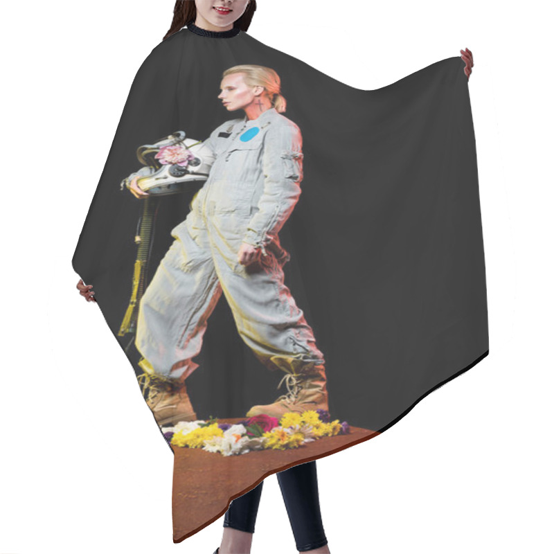 Personality  Beautiful Spacewoman In Spacesuit With Flowers And Helmet Standing On Red Planet  Hair Cutting Cape