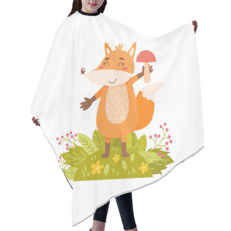 Personality  Cute Fox Holds A Mushroom On A White Background. Hair Cutting Cape