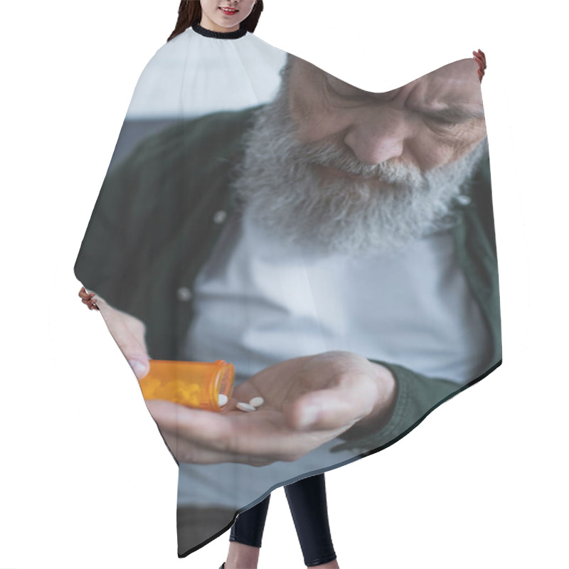 Personality  Unhappy Senior Man With Grey Hair Holding Bottle With Anti-depressant Pills  Hair Cutting Cape