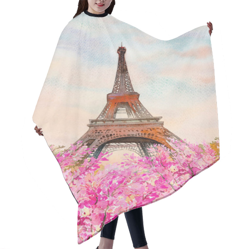 Personality  Paris France Eiffel Tower And Cherry Blossom In Flowers Beautiful Spring Season. Watercolor Paintings Landscape Illustration Art Outdoor. Popular Famous Landmark In The Europe  Hair Cutting Cape