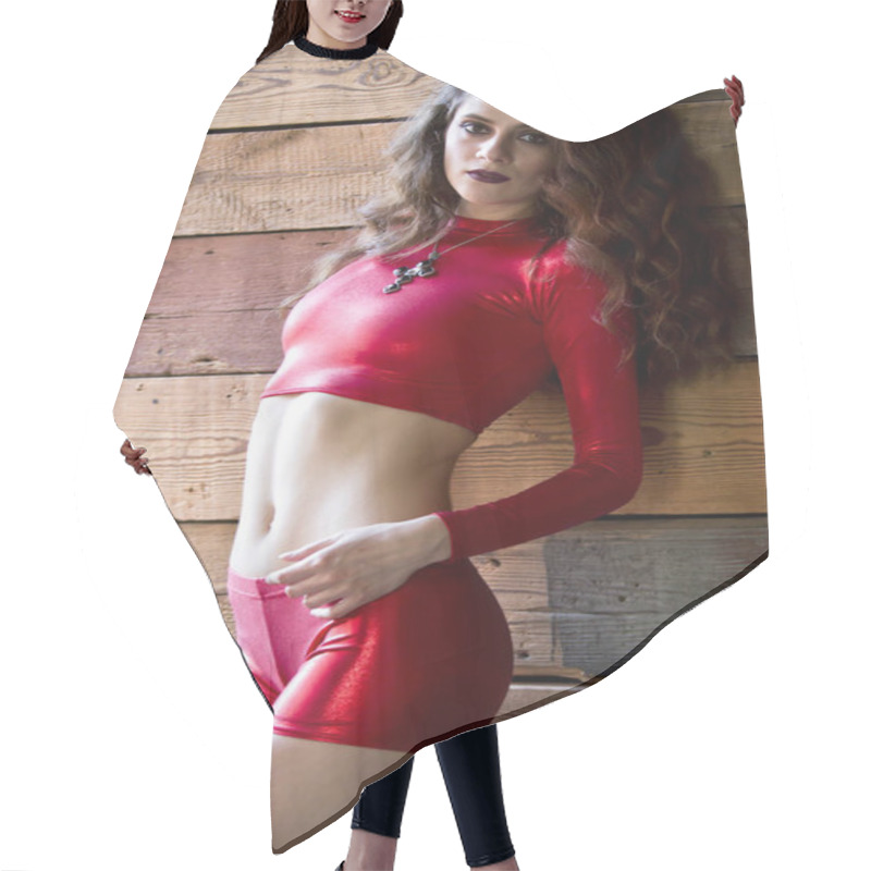 Personality  Gymnastic Woman In Red Latex Hair Cutting Cape