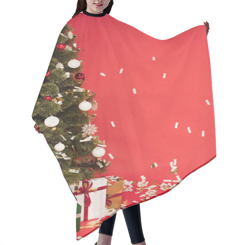 Personality  Presents Under Decorated Christmas Tree And Falling Confetti On Red Hair Cutting Cape