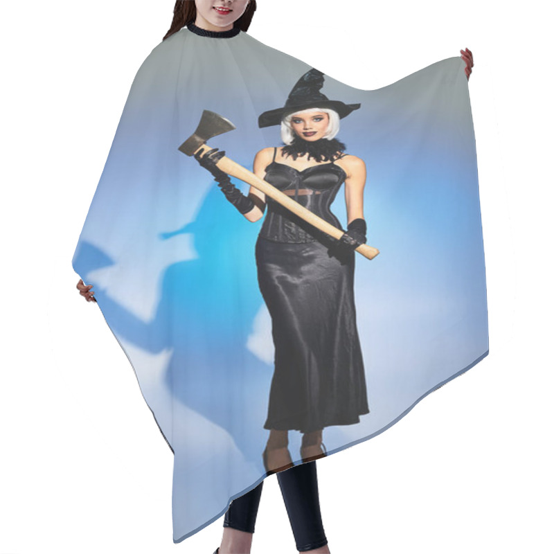 Personality  Dressed In An Elegant Witch Costume, A Young Woman Holds An Axe Striking A Playful Pose. Hair Cutting Cape