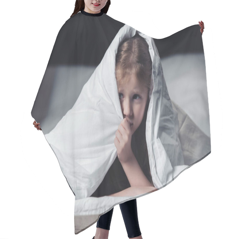 Personality  Frightened Child Hiding Under Blanket And Looking Away Isolated On Black Hair Cutting Cape