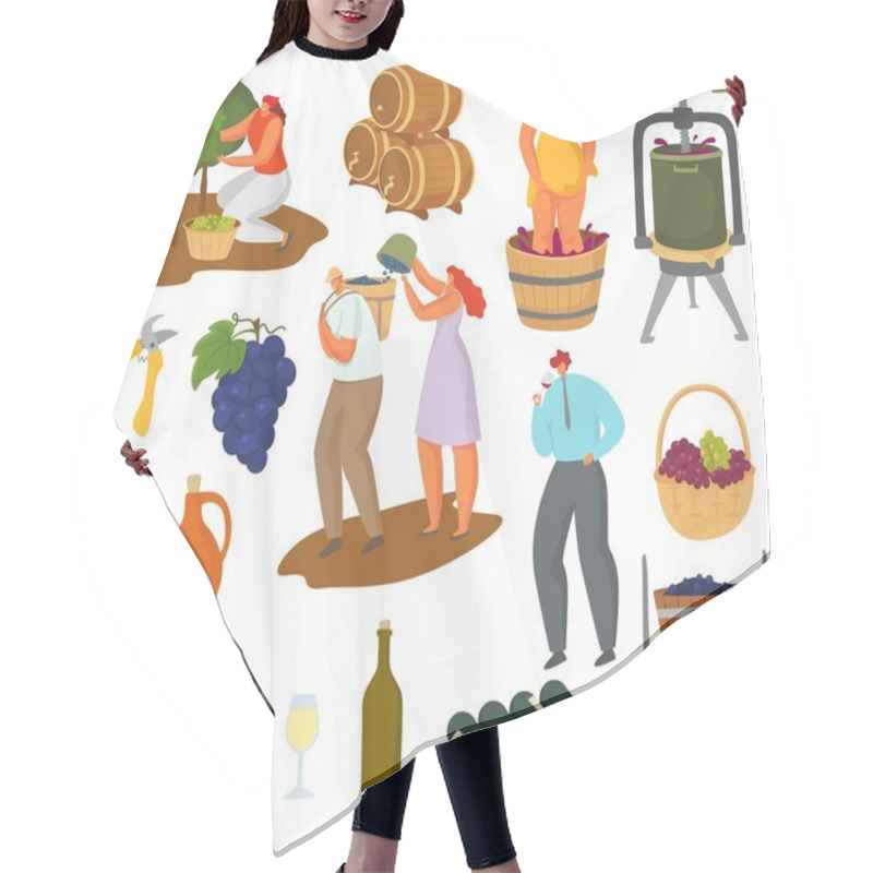 Personality  Wine And Winemaking Vector Illustration Set, Farmer Winemaker Characters Harvesting, Pressing, Making Wine Hair Cutting Cape