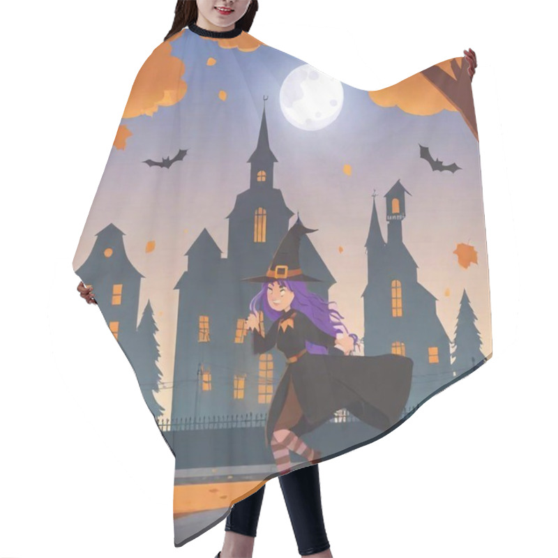 Personality  Witch Costume, Spooky Halloween Frightening Costume Flying Above Street With Houses In Autumn, Vector Illustration Hair Cutting Cape