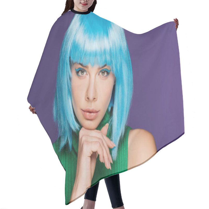 Personality  Pensive Stylish Girl Posing In Blue Wig, Isolated On Purple Hair Cutting Cape