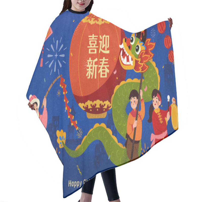 Personality  People Performing Dragon Dance For CNY On Dark Blue Background. Translation: Happy New Year. Hair Cutting Cape